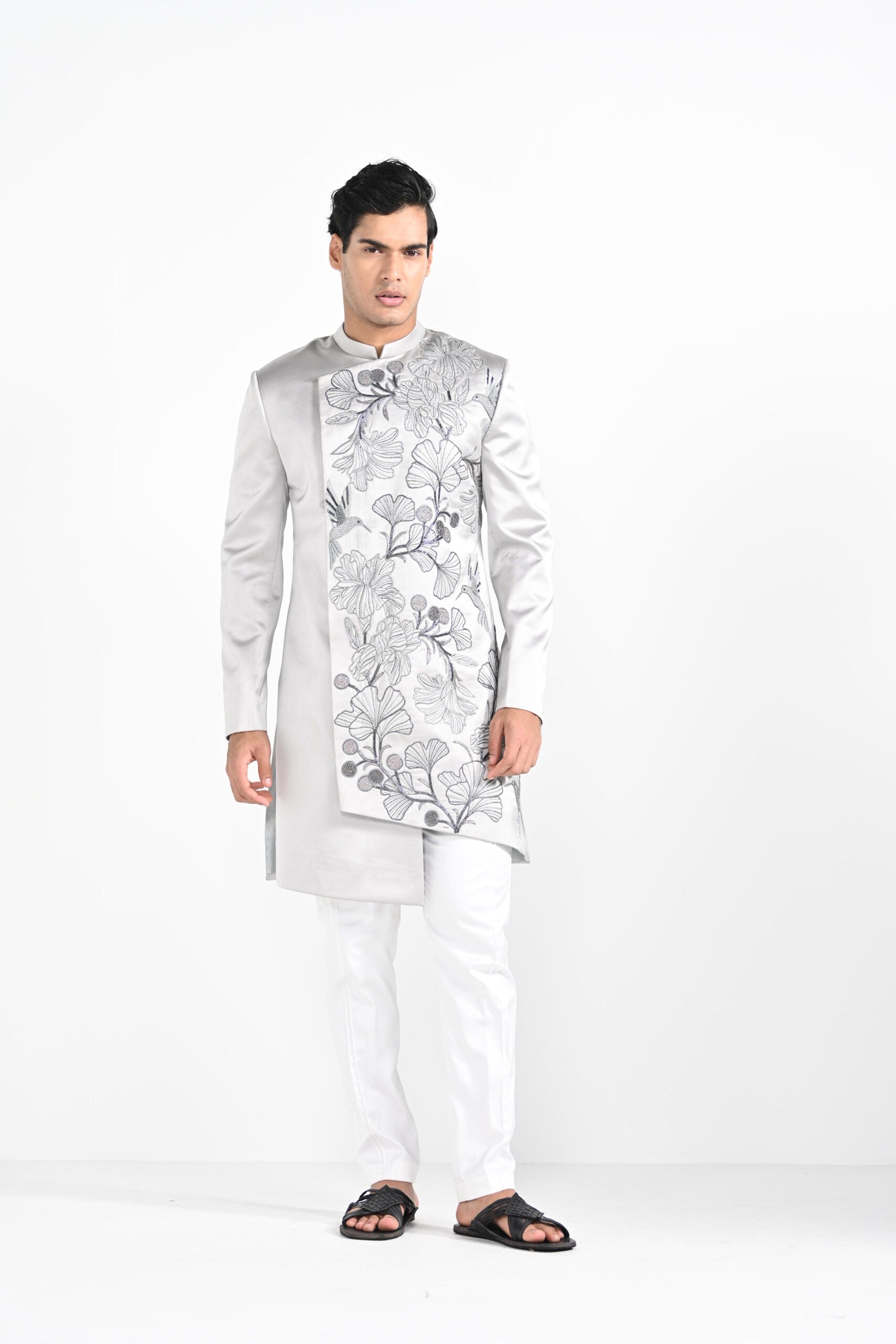 Barely Grey Satin Achkan Set image 11