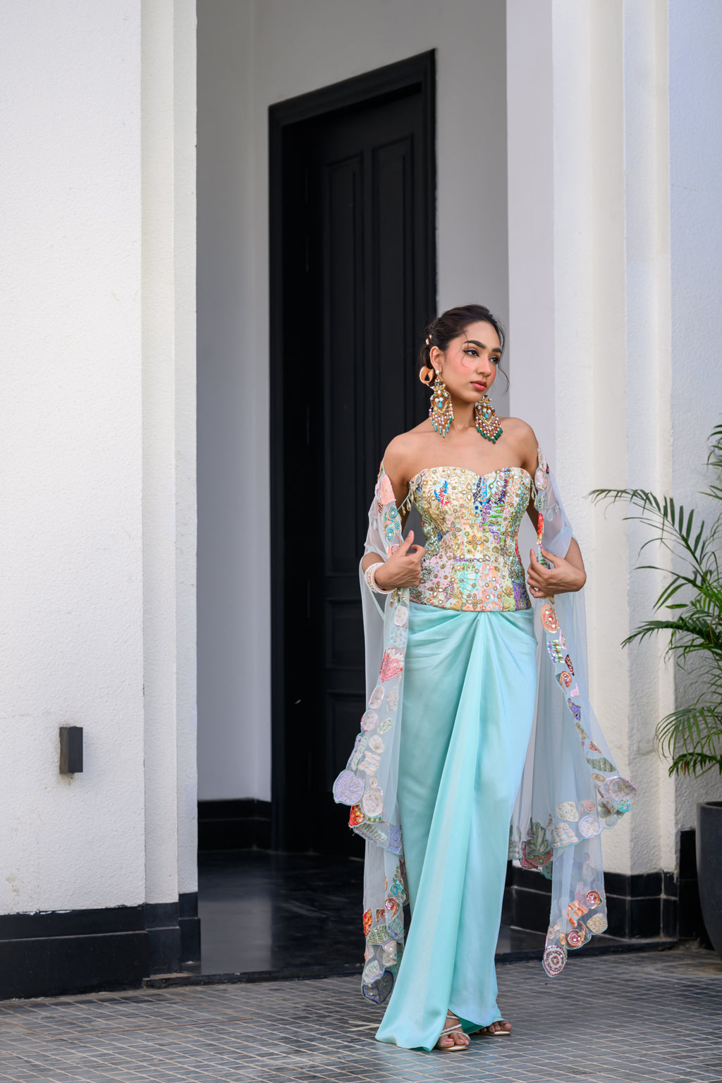 Gardenia Highlighted Corset With Dhoti Skirt And Cape image 6