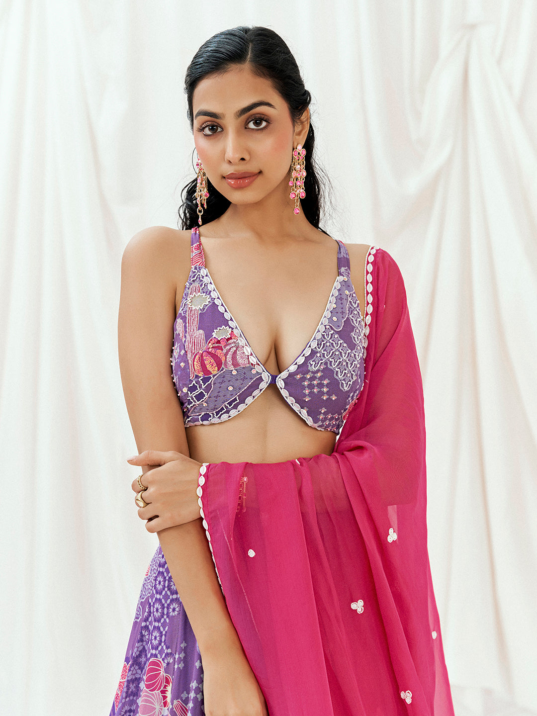 Violet Printed Embroidered Lehenga Set with Dupatta image 1
