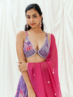Violet Printed Embroidered Lehenga Set with Dupatta image 1