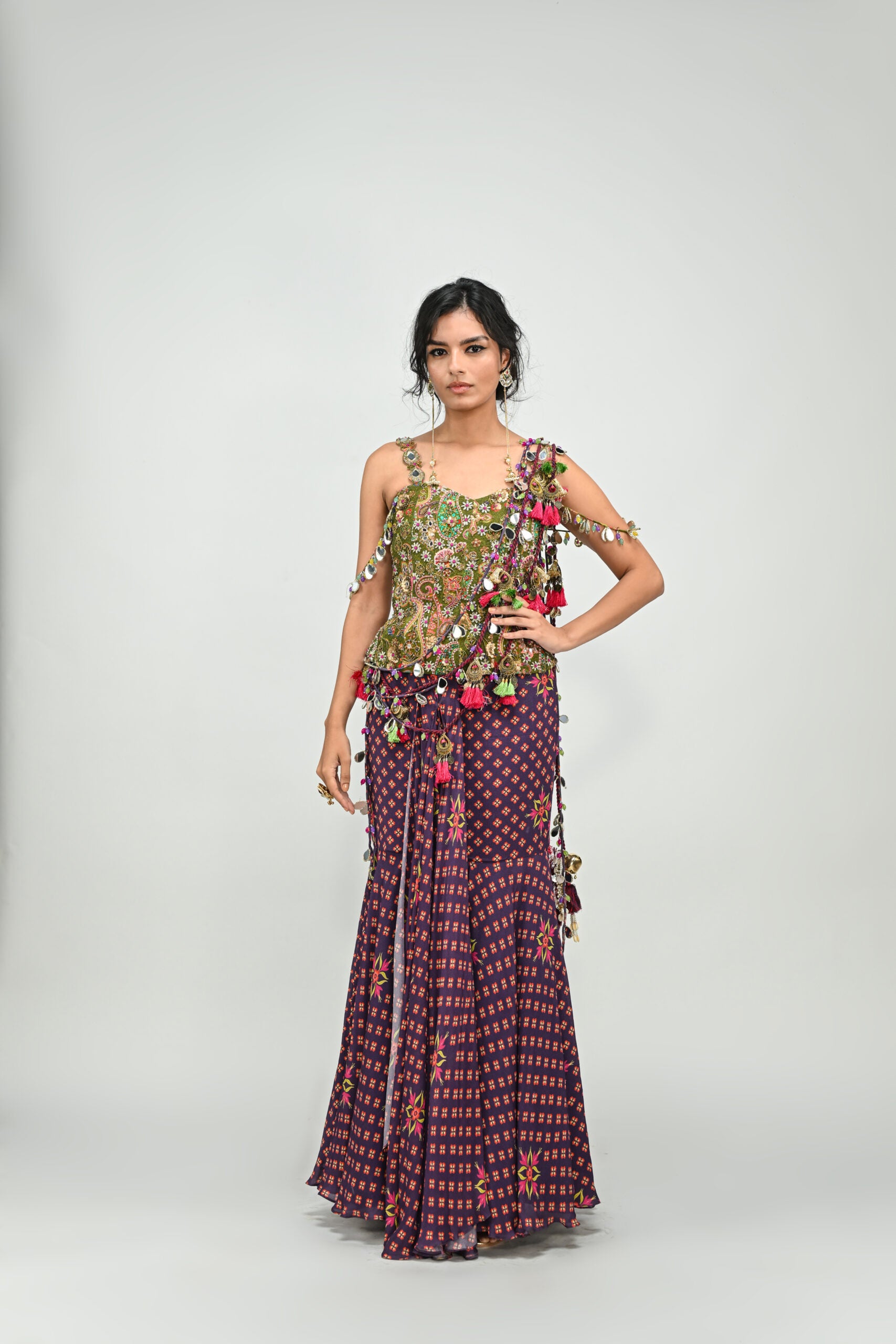 Plum Pre Stitched Tassel Saree Paired with Badla Embroidered Green Corset image 4