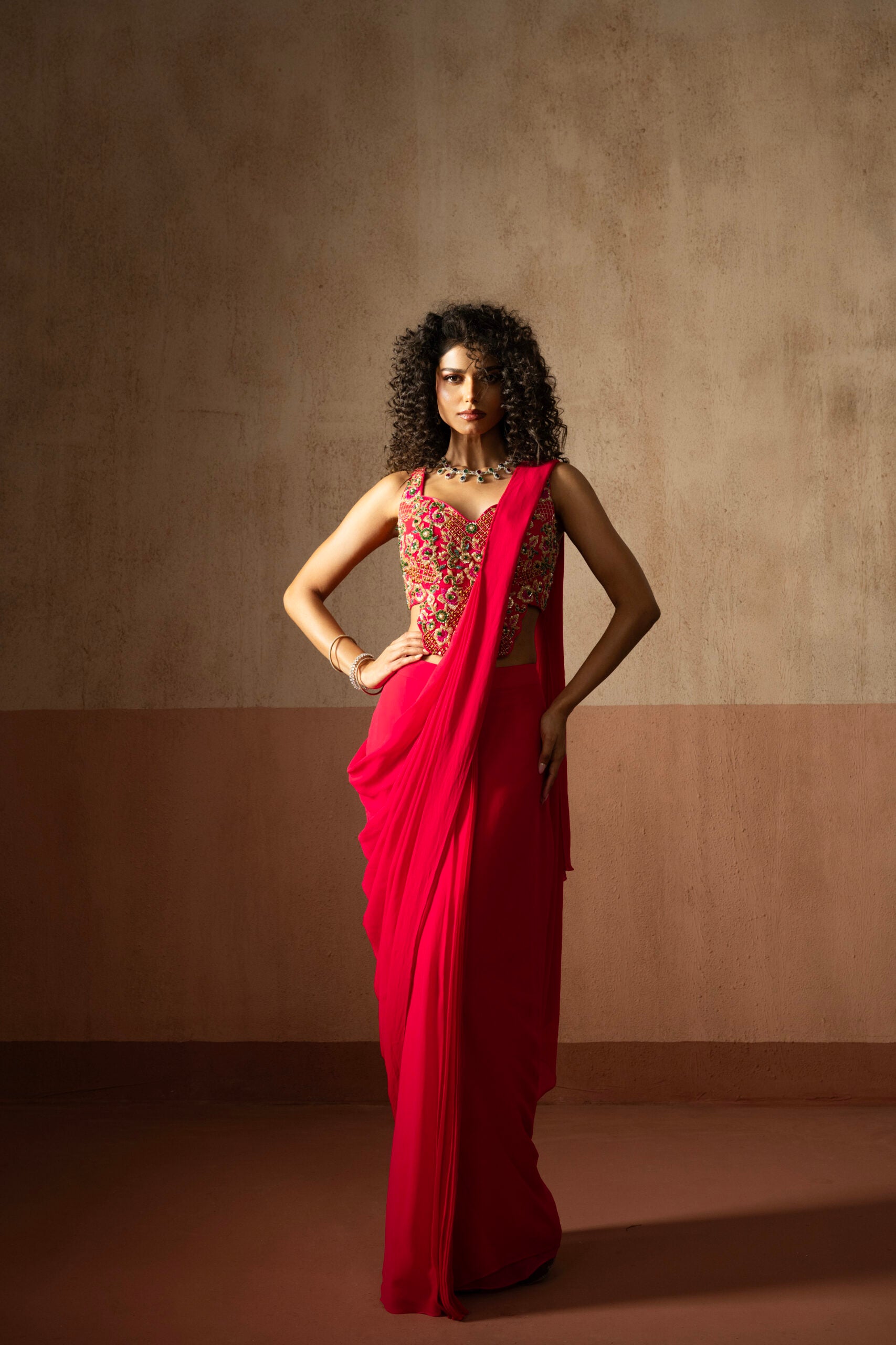 Pre-Draped Fuschia Pink Embroidered Georgette Saree With Corset Blouse image 0