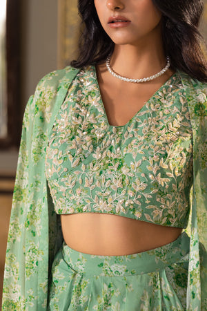 Green Georgette Draped Skirt &amp; Jacket Set image 1