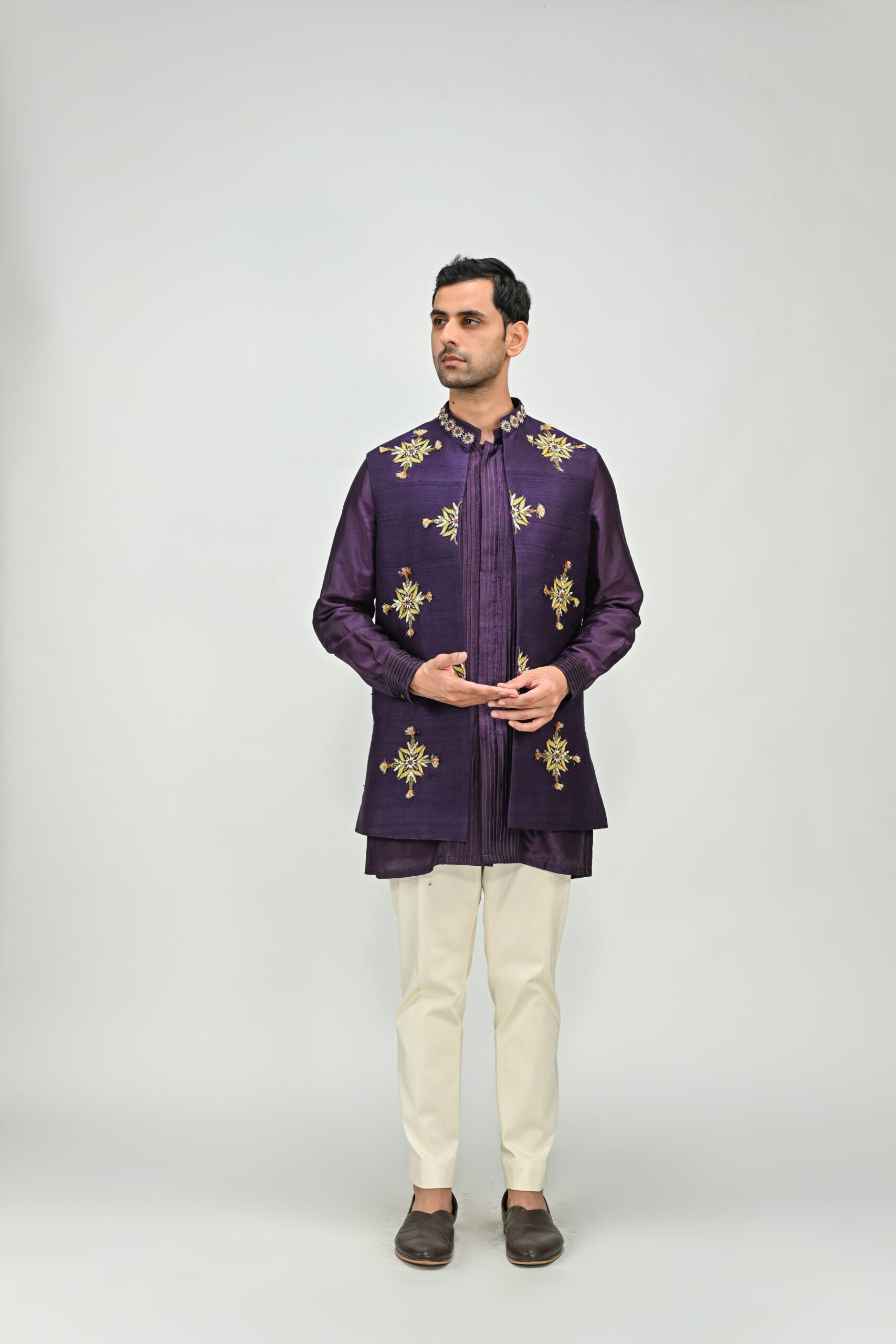 Plum Butta Half Jacket Kurta Pant Set image 0