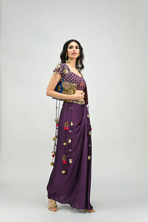 Plum Patch Highlighted Tassel Jacket Dhoti Skirt Set image 4