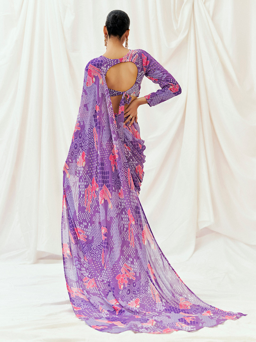 Violet Printed Embroidered Drape Saree Set image 6