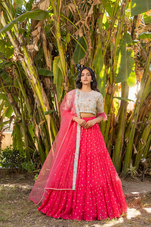 Coral Flair Sleeve Georgette &amp; Net Embroidered Lehenga Set image 4