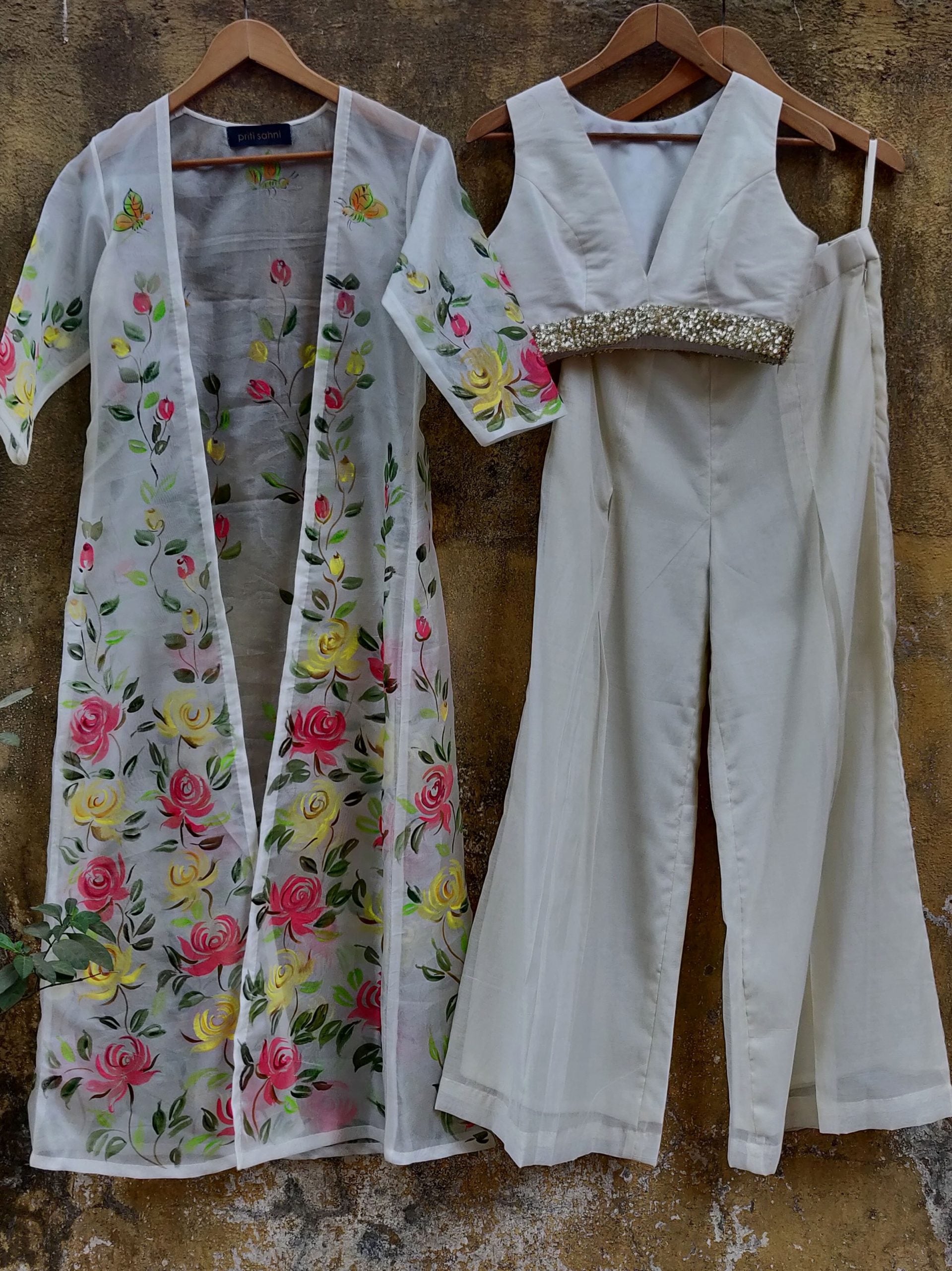 Ivory Palazzo with Hand Painted Long Jacket - M image