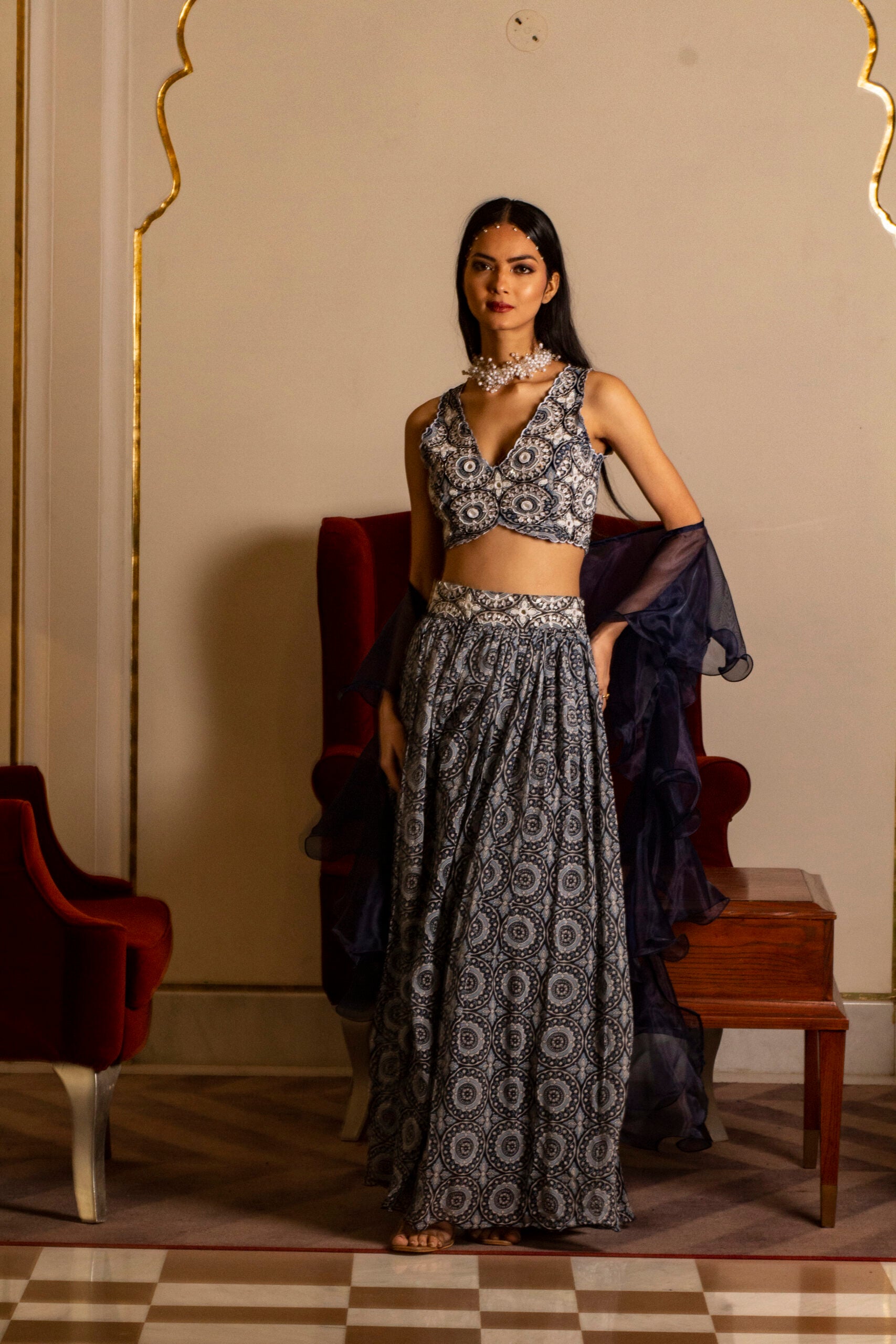 Blue Printed Skirt and Blouse Set (Copy) image 3