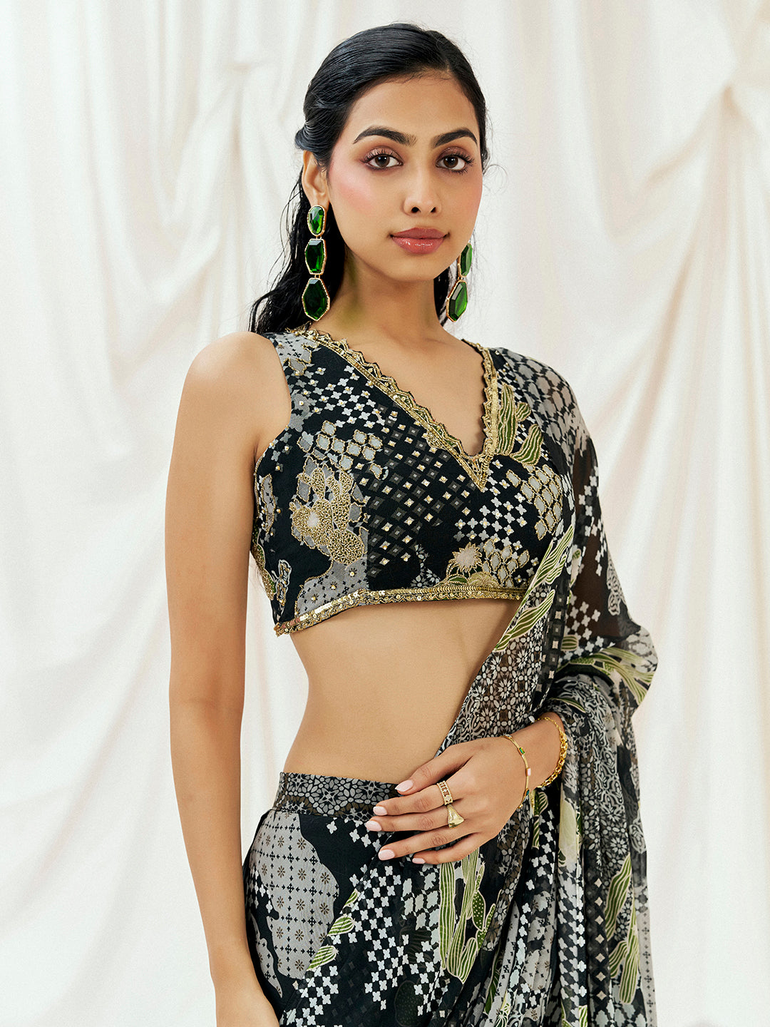 Black Printed Embroidered Drape Saree Set image 6