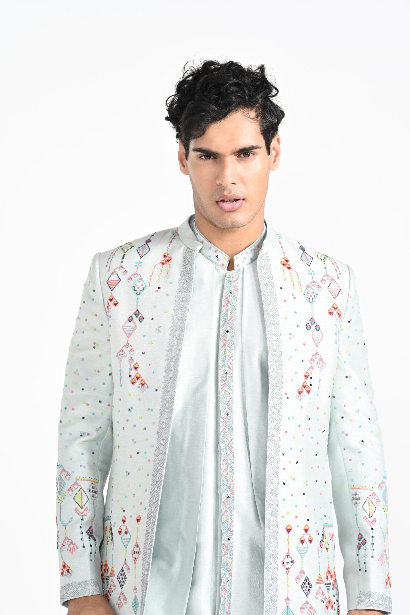 Ice Blue Multicoloured Geometric Motif Achkan Set image 5