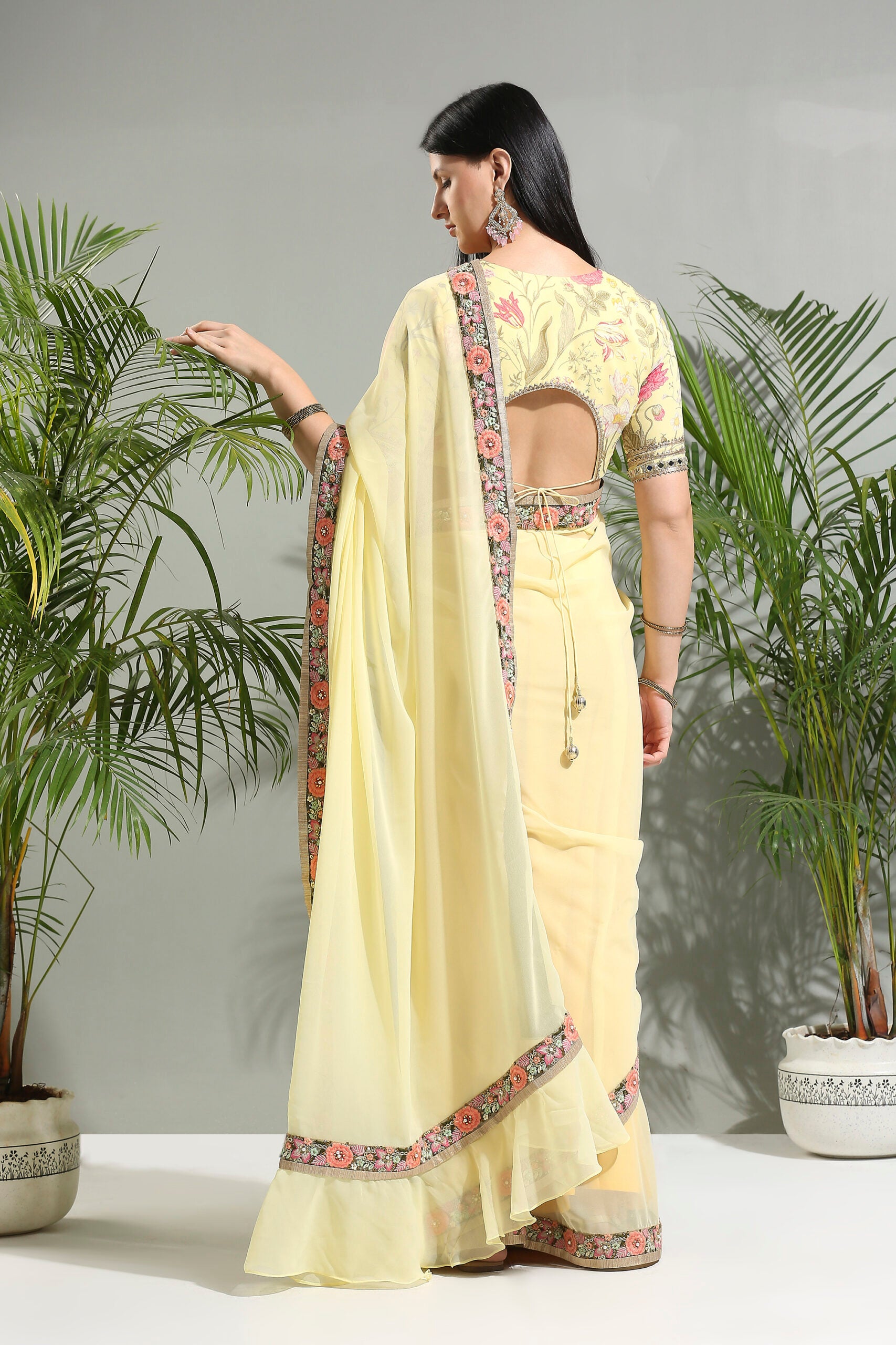 Yellow Saree with Floral Blouse image 6