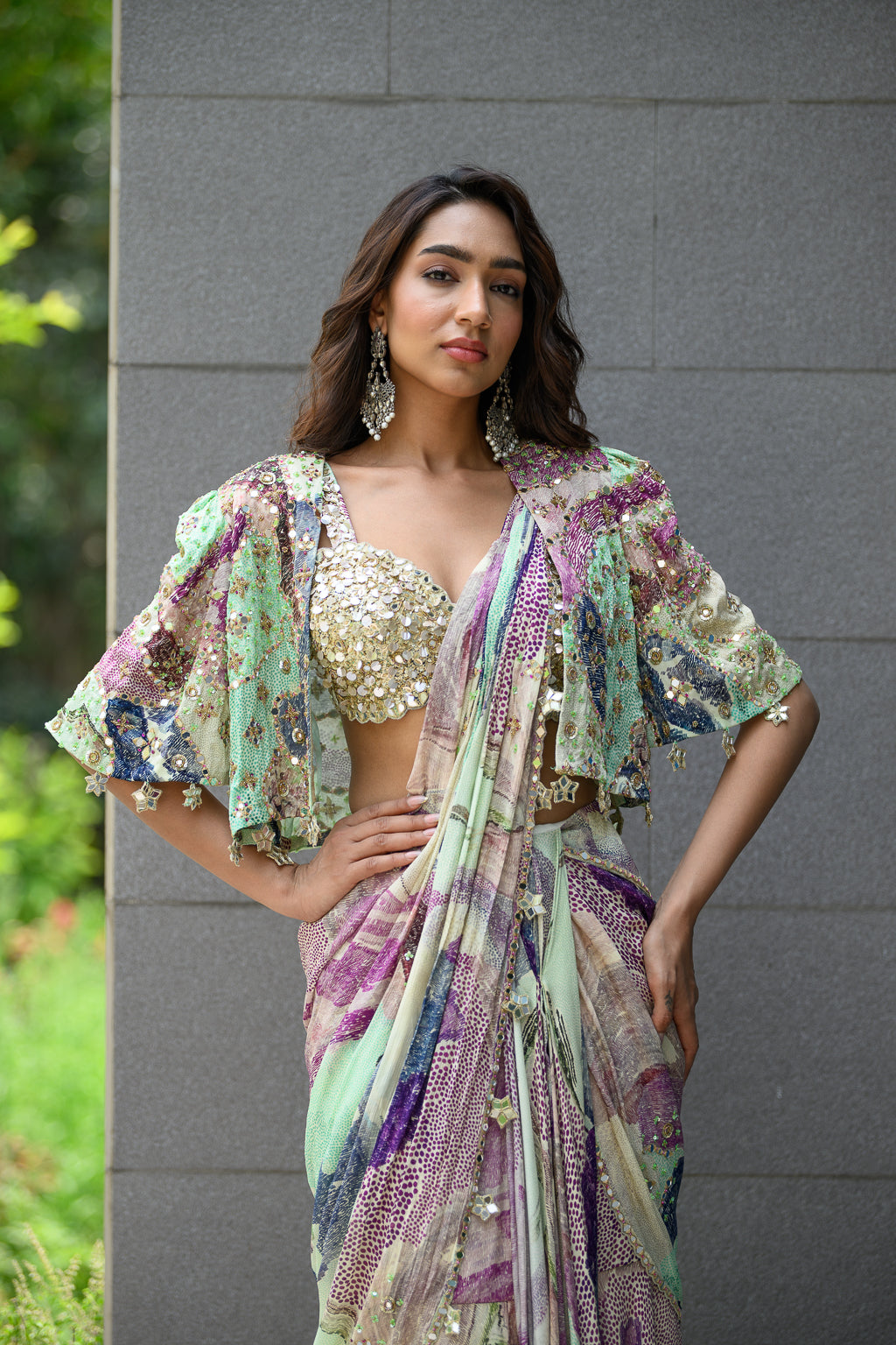 Eden Highlighted Saree Paidawn with Embroidered Blouse With Cape Jacket image 1