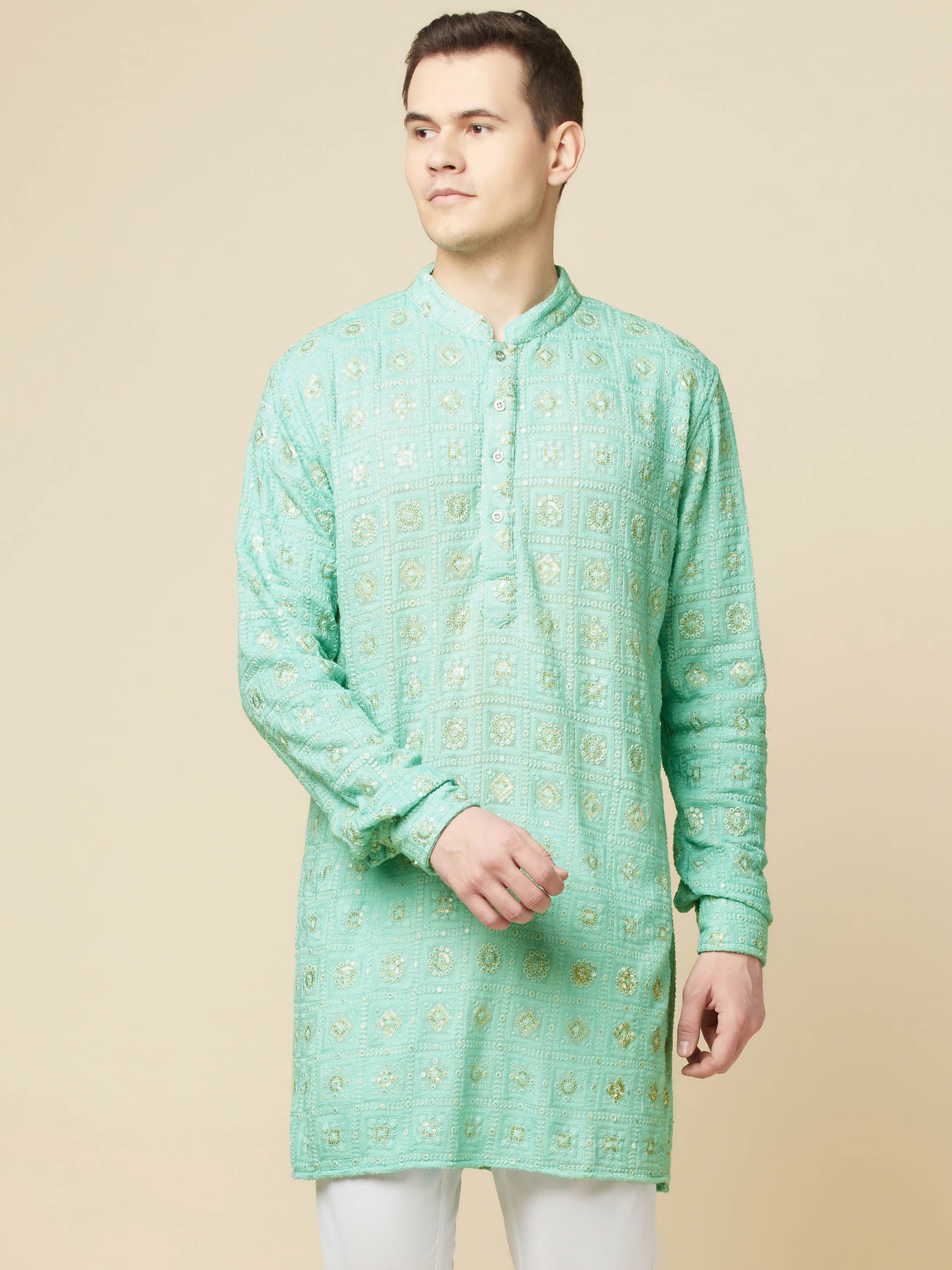 Mint Green Lucknowi Embroidered Kurta Set image 0