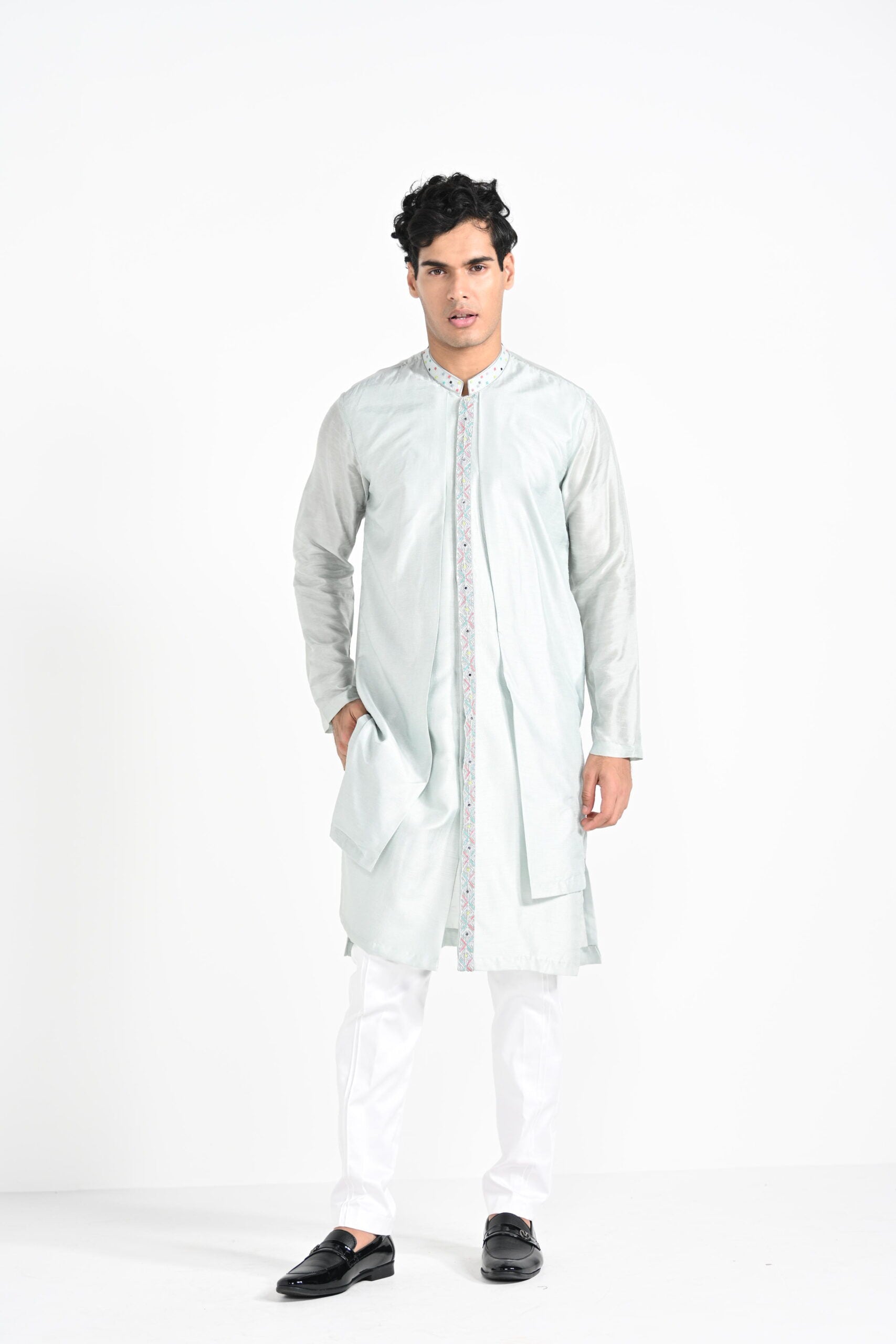 Ice Blue Multicoloured Geometric Motif Achkan Set image 12