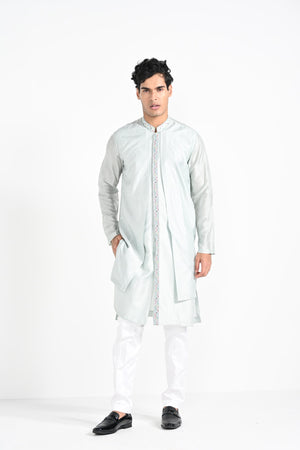 Ice Blue Multicoloured Geometric Motif Achkan Set image 12