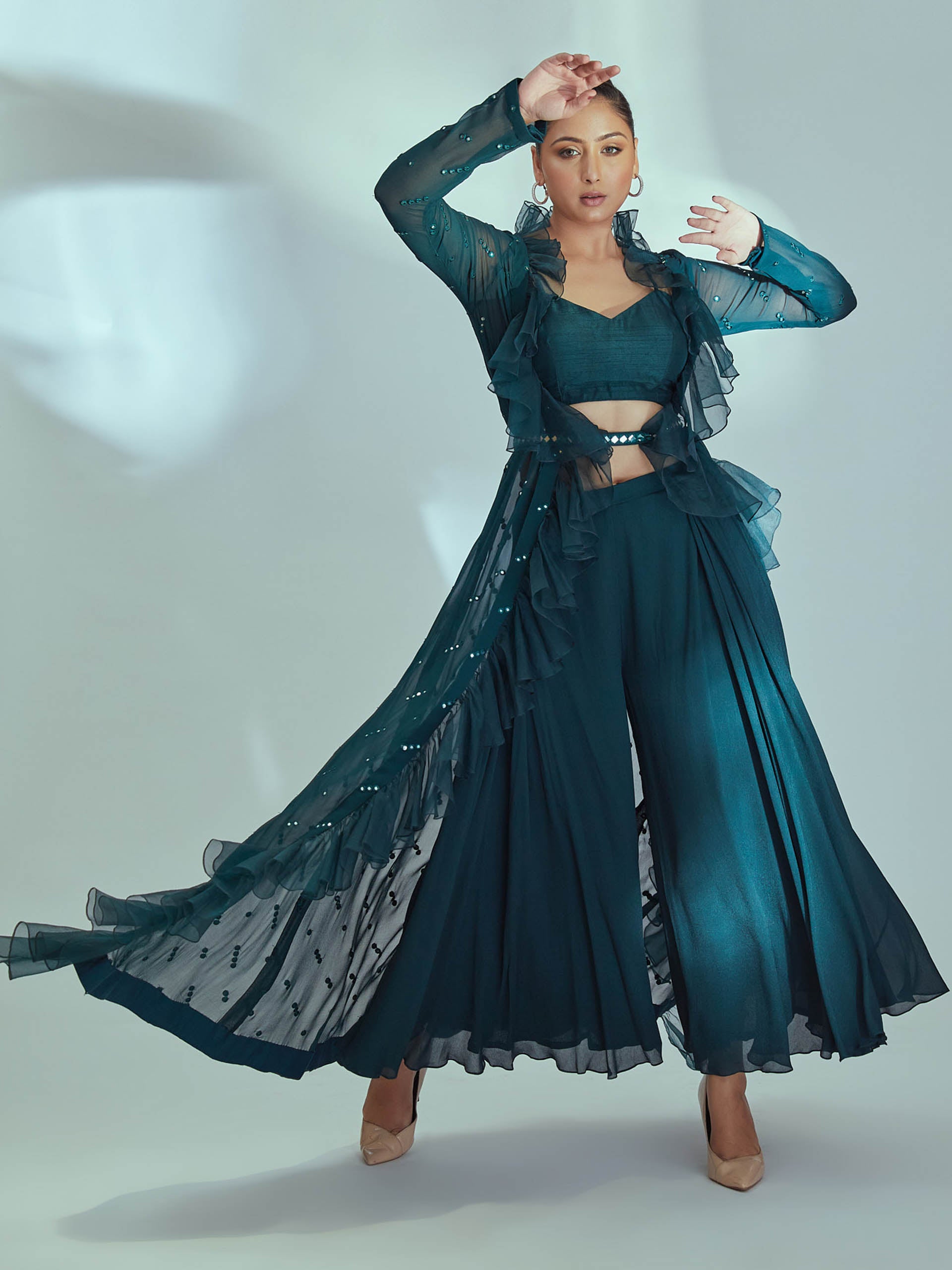 Green Mirror Flared Pant Set with Ruffle Jacket image 1