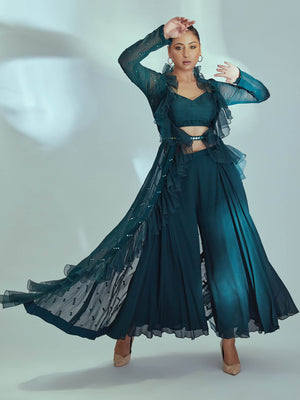 Green Mirror Flared Pant Set with Ruffle Jacket image 1
