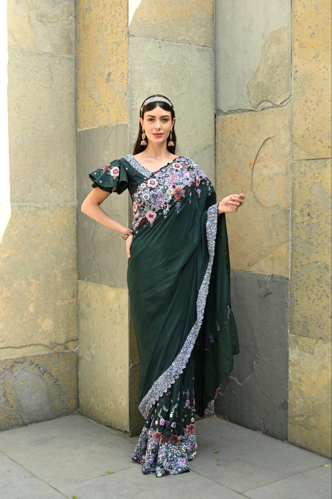 Bottle Green Embellished Saree Blouse Set image 0