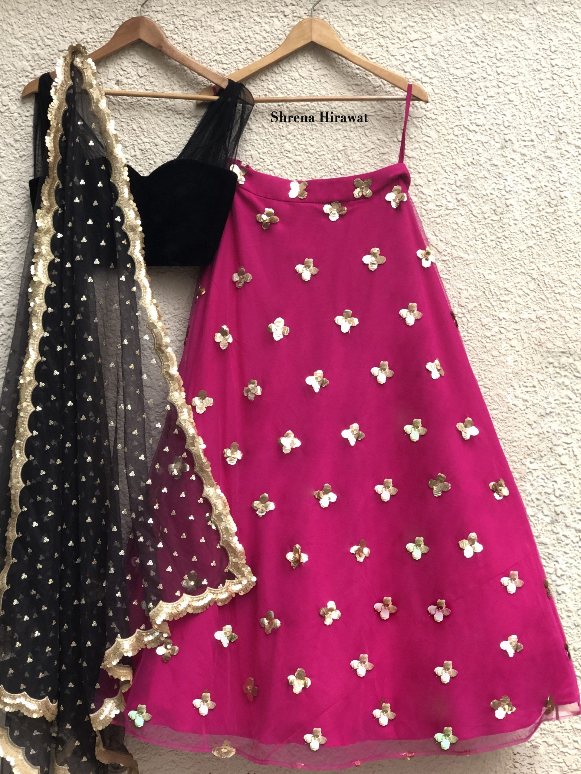 Black Velvet Blouse with Hot Pink Lehenga image 0