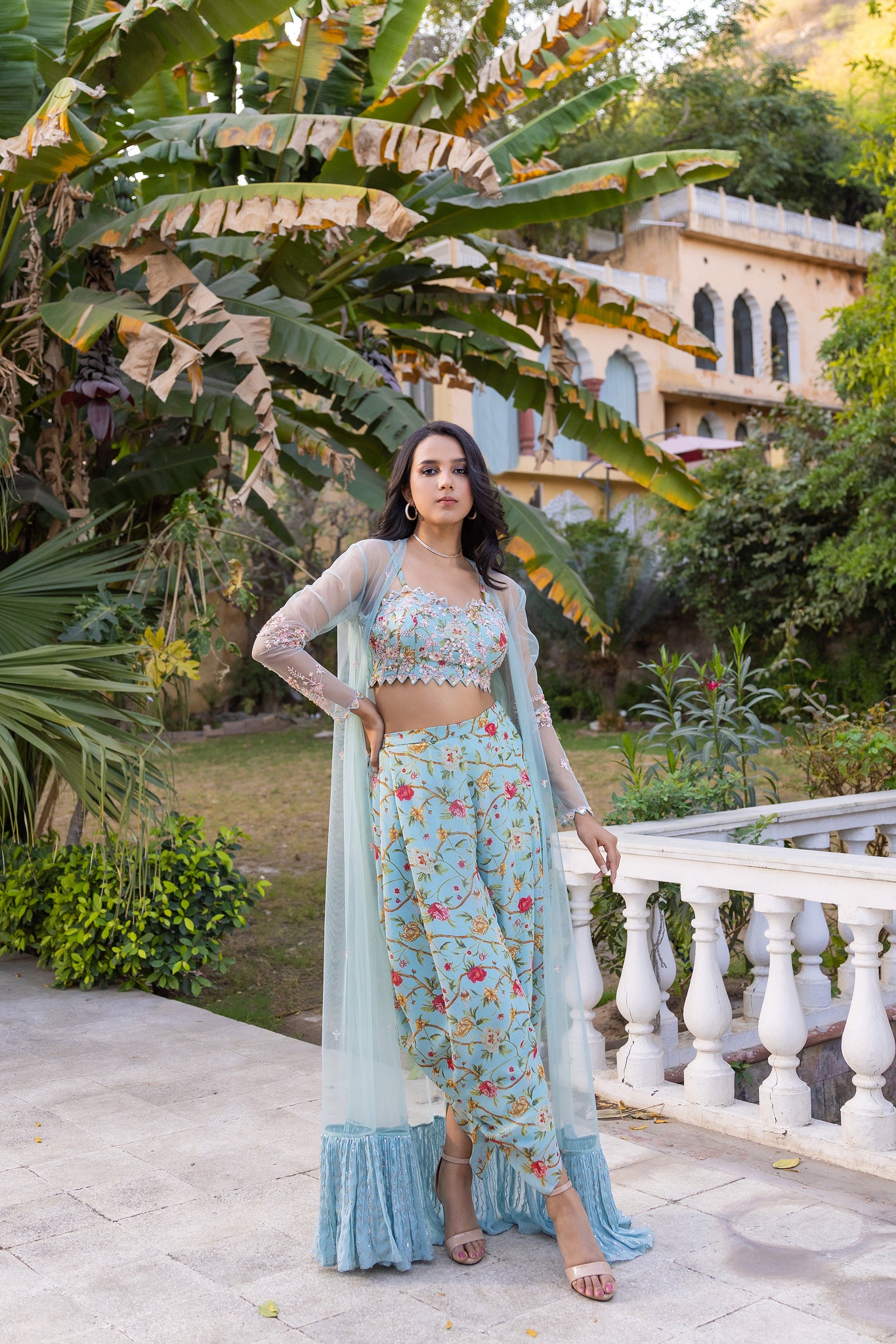 Light Blue Floral Georgette Hand Embroidered Jacket Set image 7