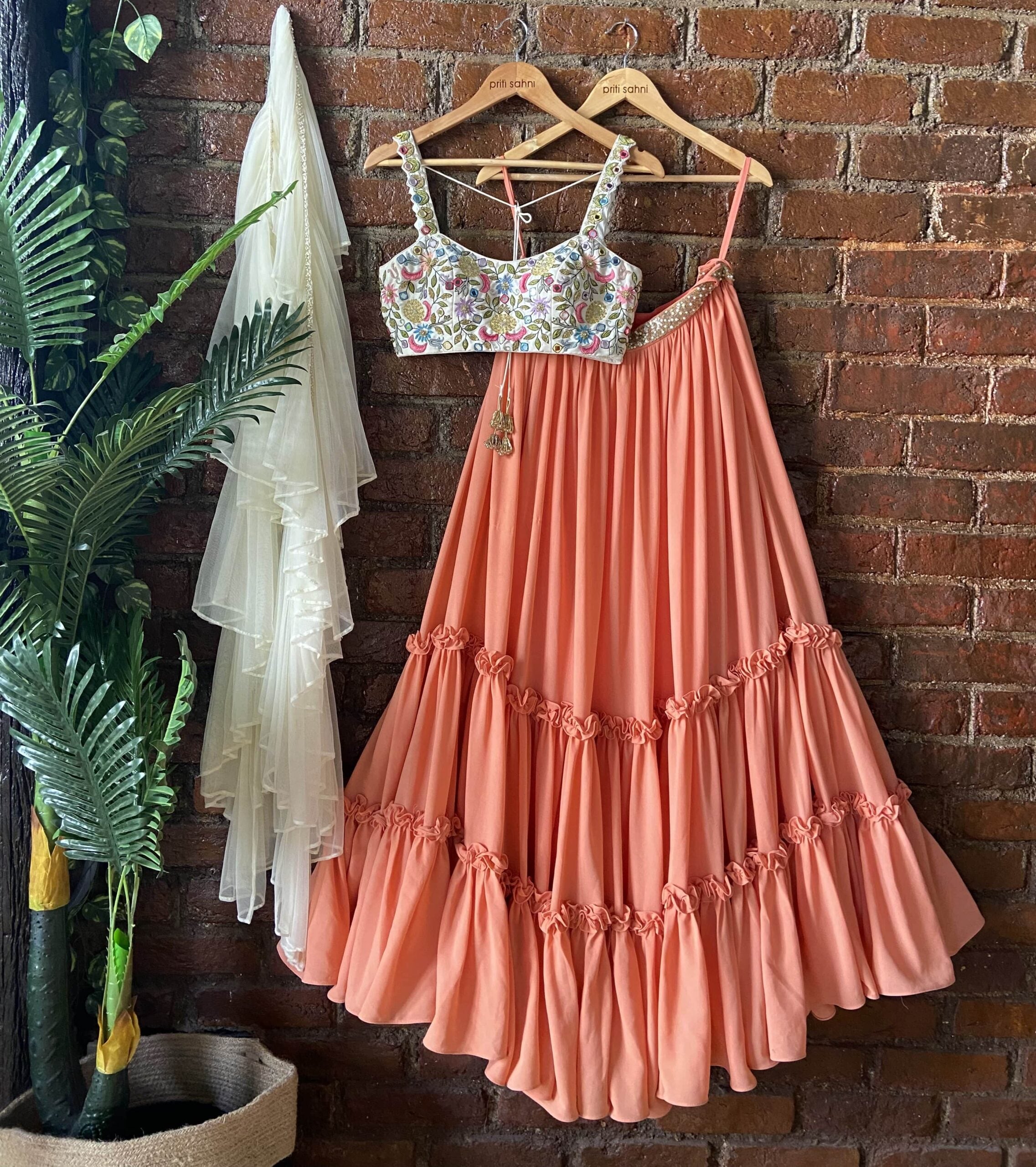 Ivory Swan and Peach Ruffle Lehenga Set image 5