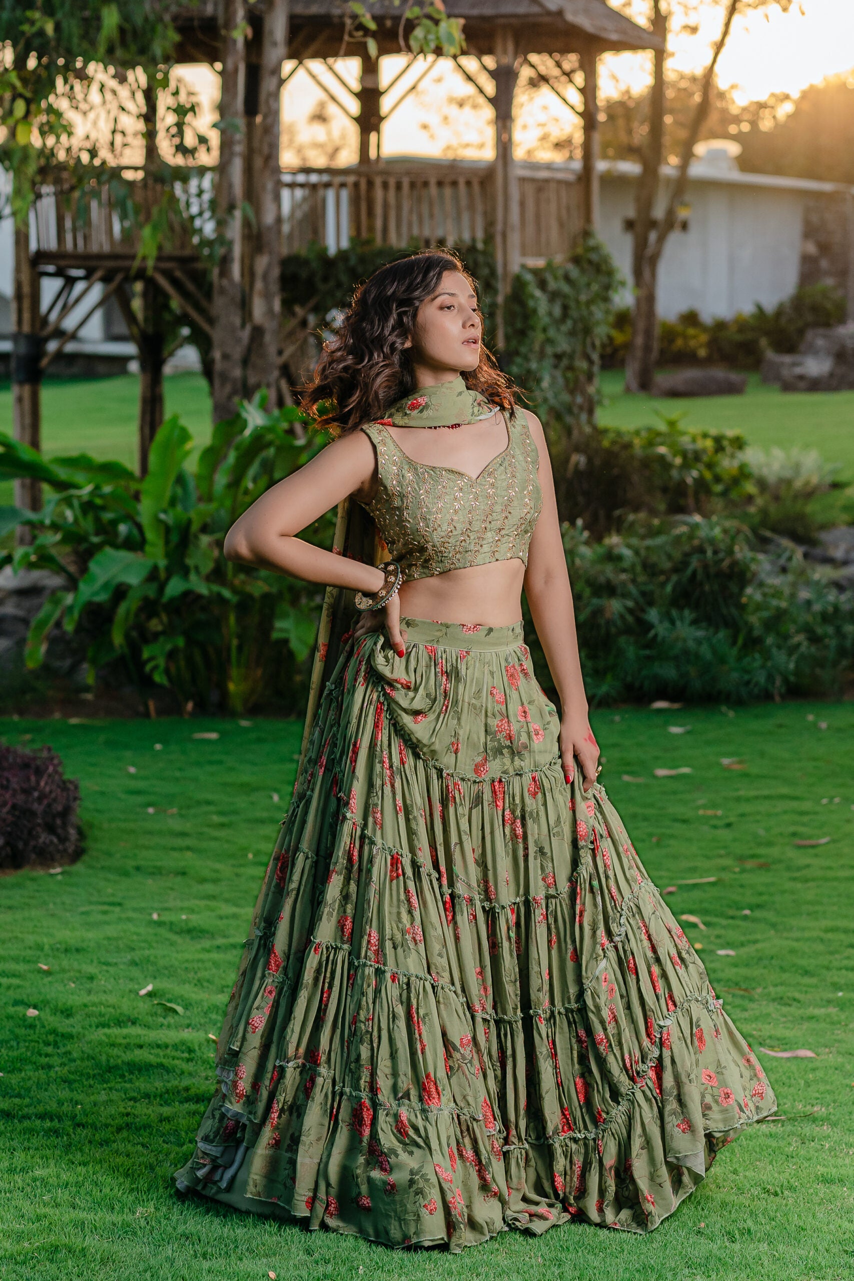 Pista Green Printed &amp; Embroidered Lehenga Set image 4