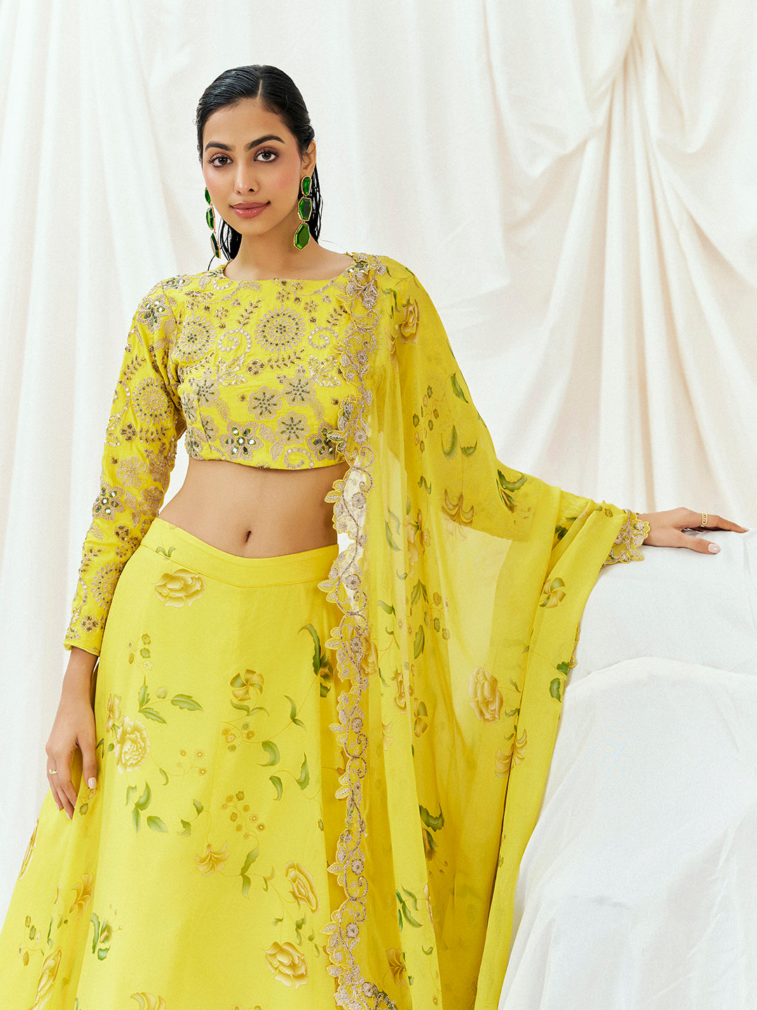 Bright Yellow Printed Embroidered Lehenga Set with Dupatta image 2