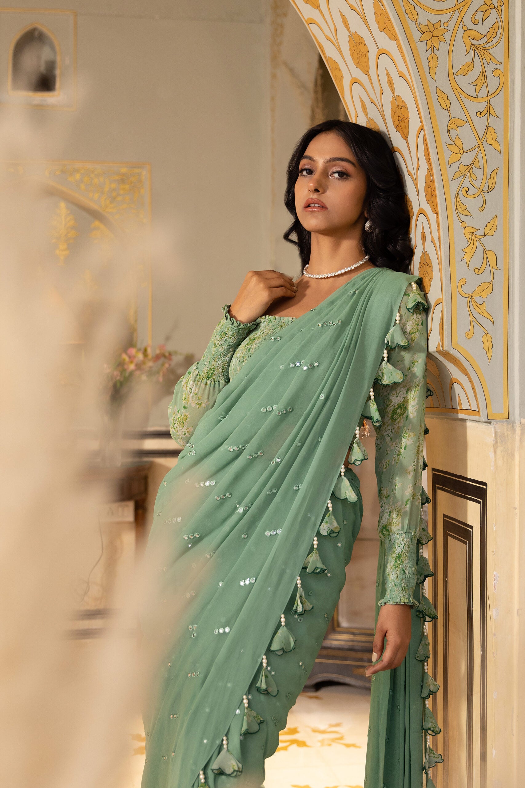 Sage Green Pre-Draped Saree image 4