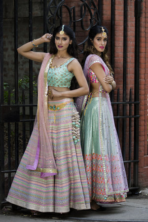 Pastel Geometric Lehenga with Aqua Choli Set image 1