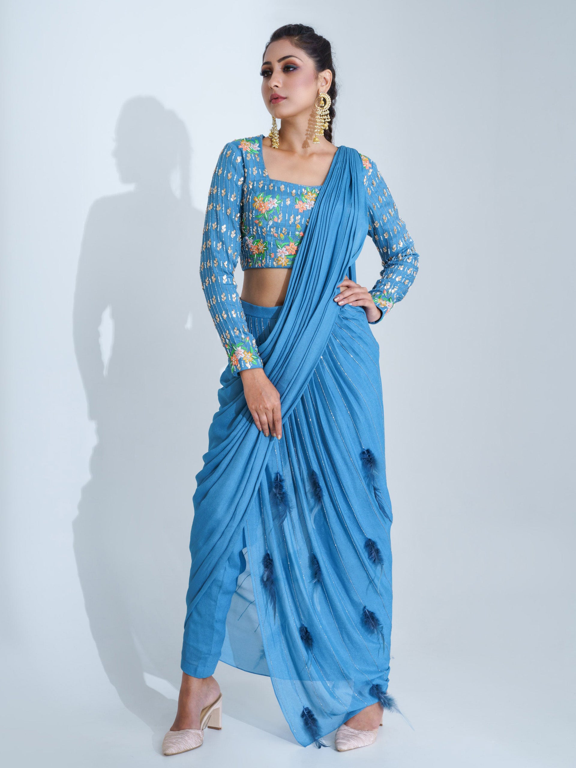 Blue Embroidered Pant Saree Set - M image