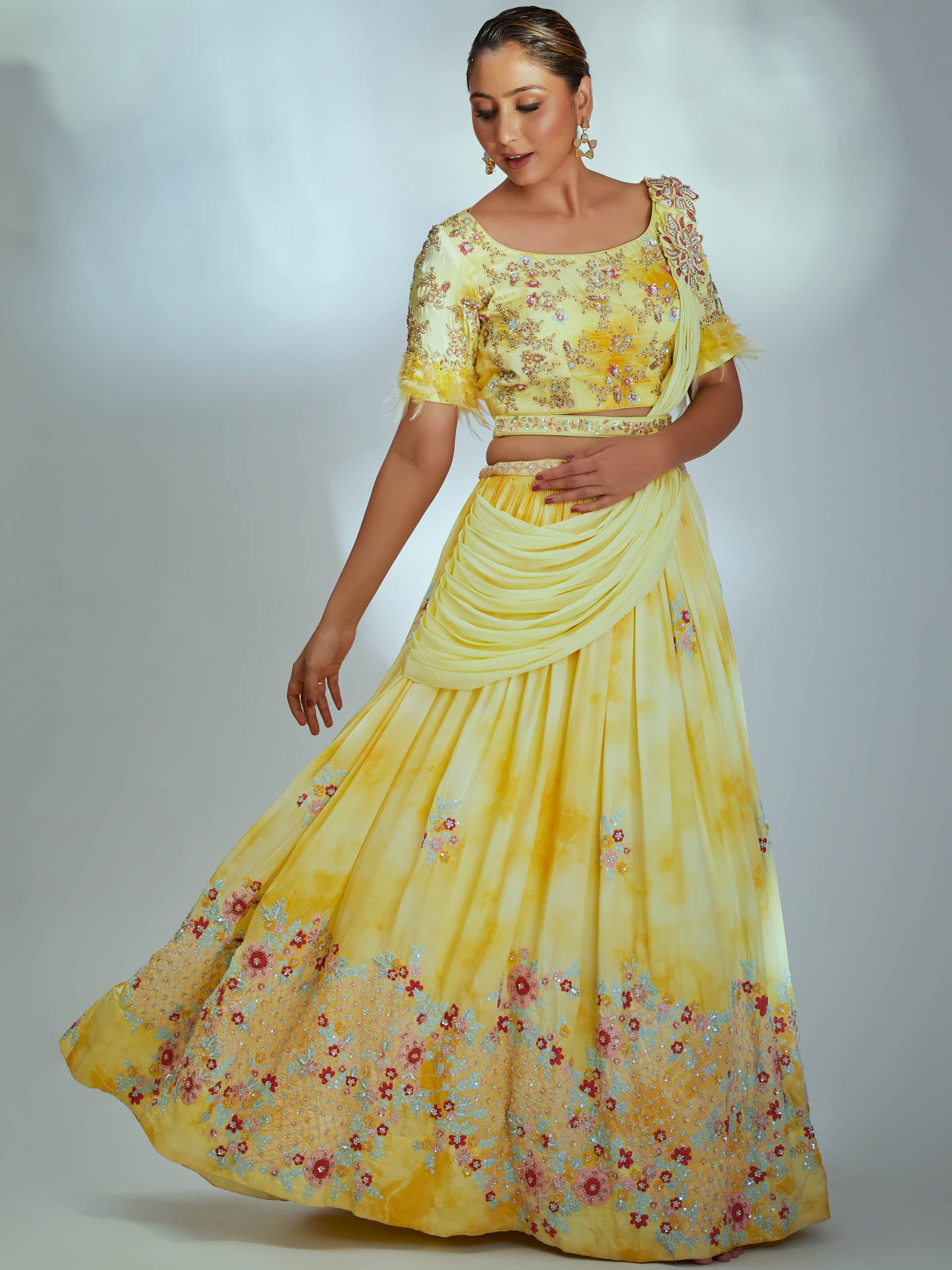Yellow Tie Dye Floral Pre Draped Dupatta Set - L image