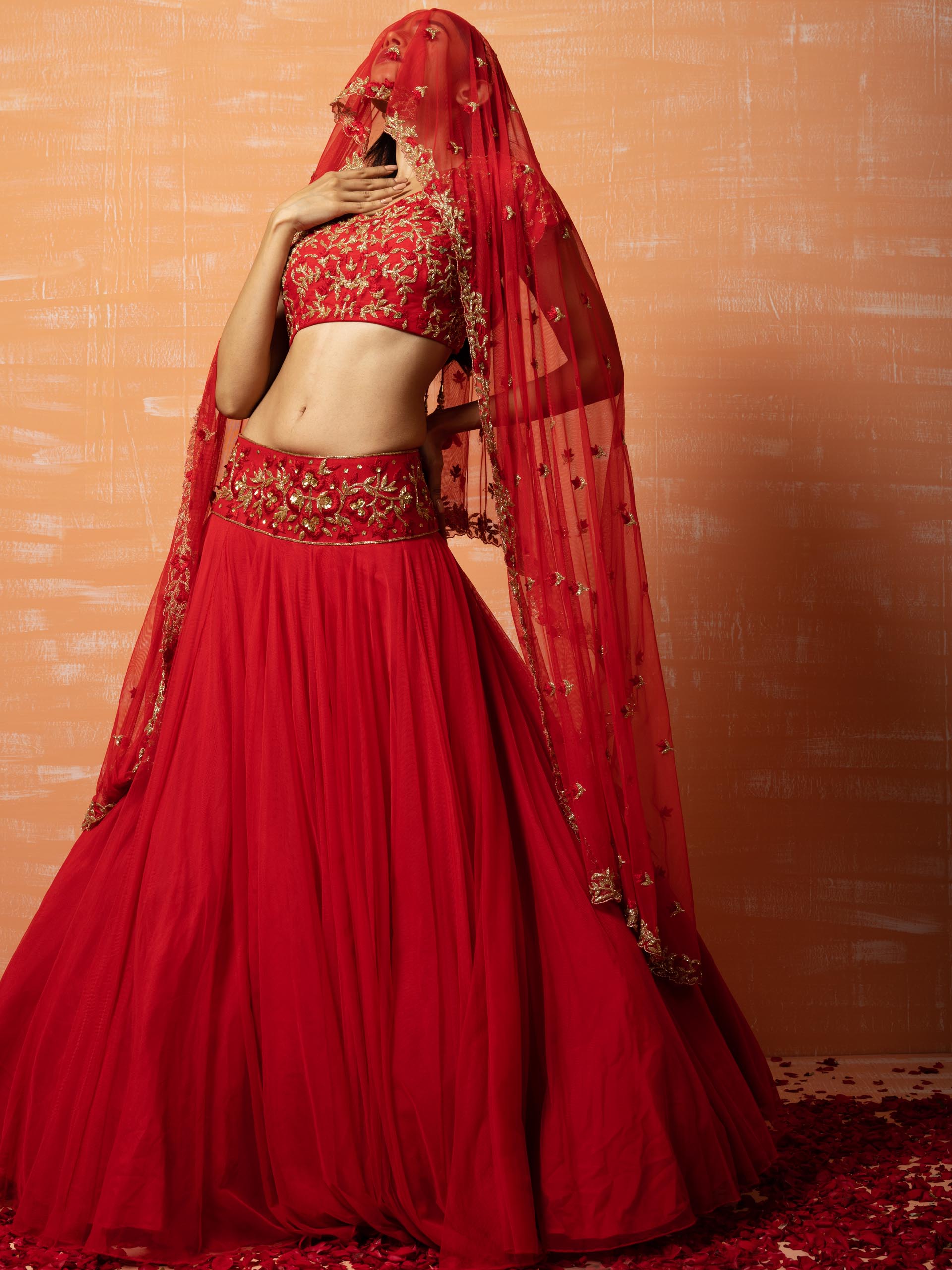 Red Bridal Net Lehenga Set image 5