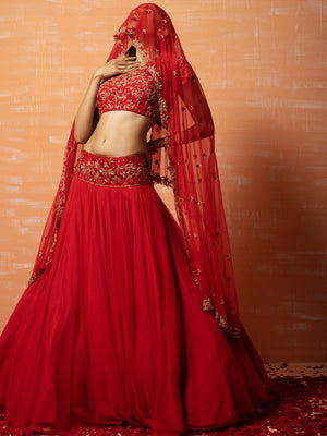 Red Bridal Net Lehenga Set image 5