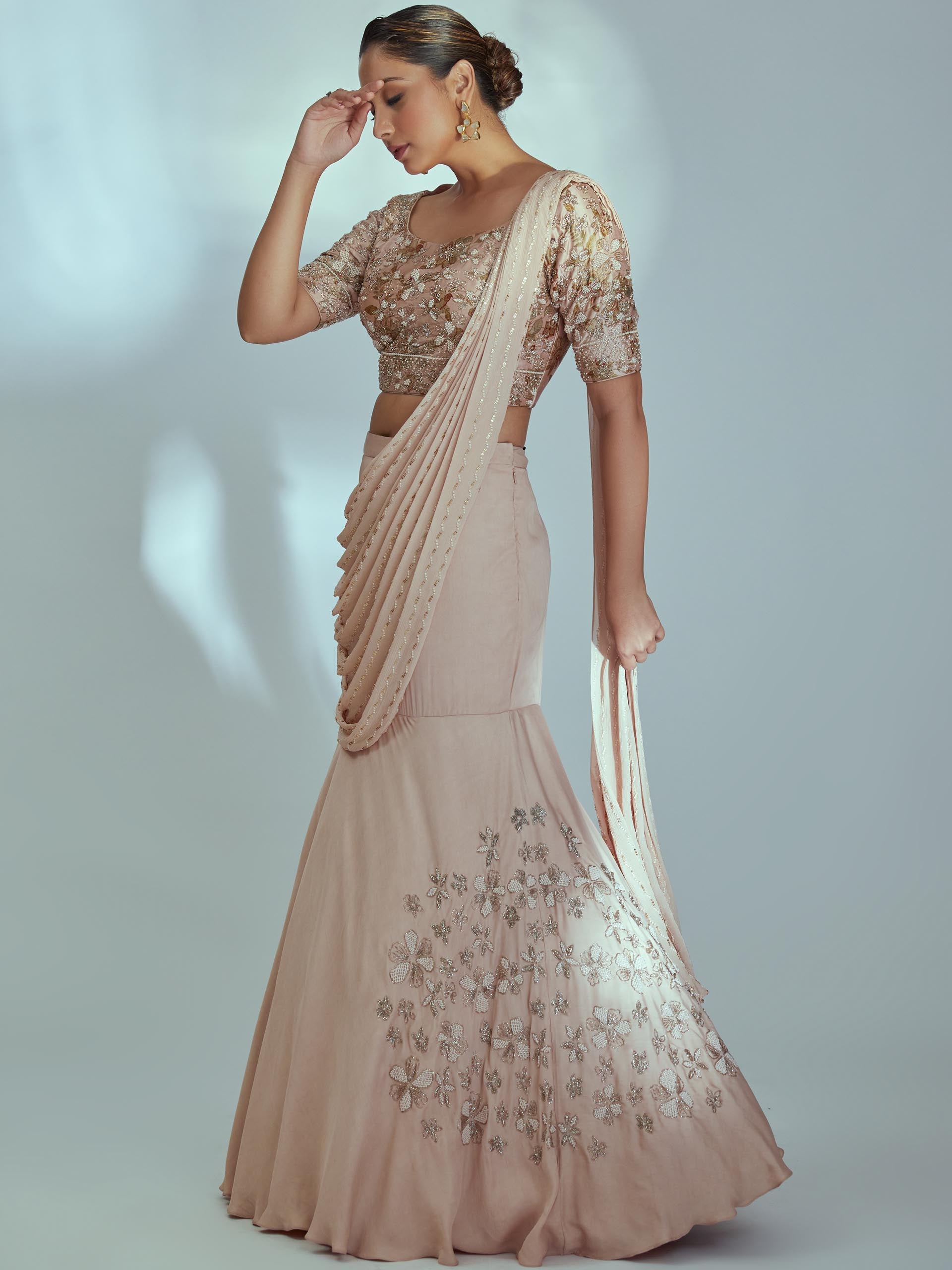 Nude Embroidered Pre Draped Dupatta Set image 3