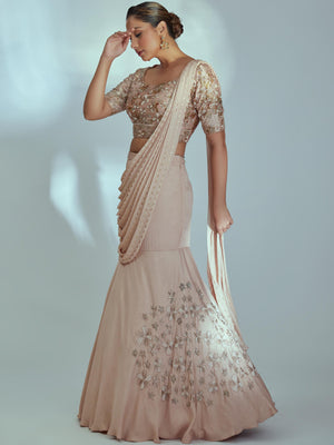 Nude Embroidered Pre Draped Dupatta Set image 3