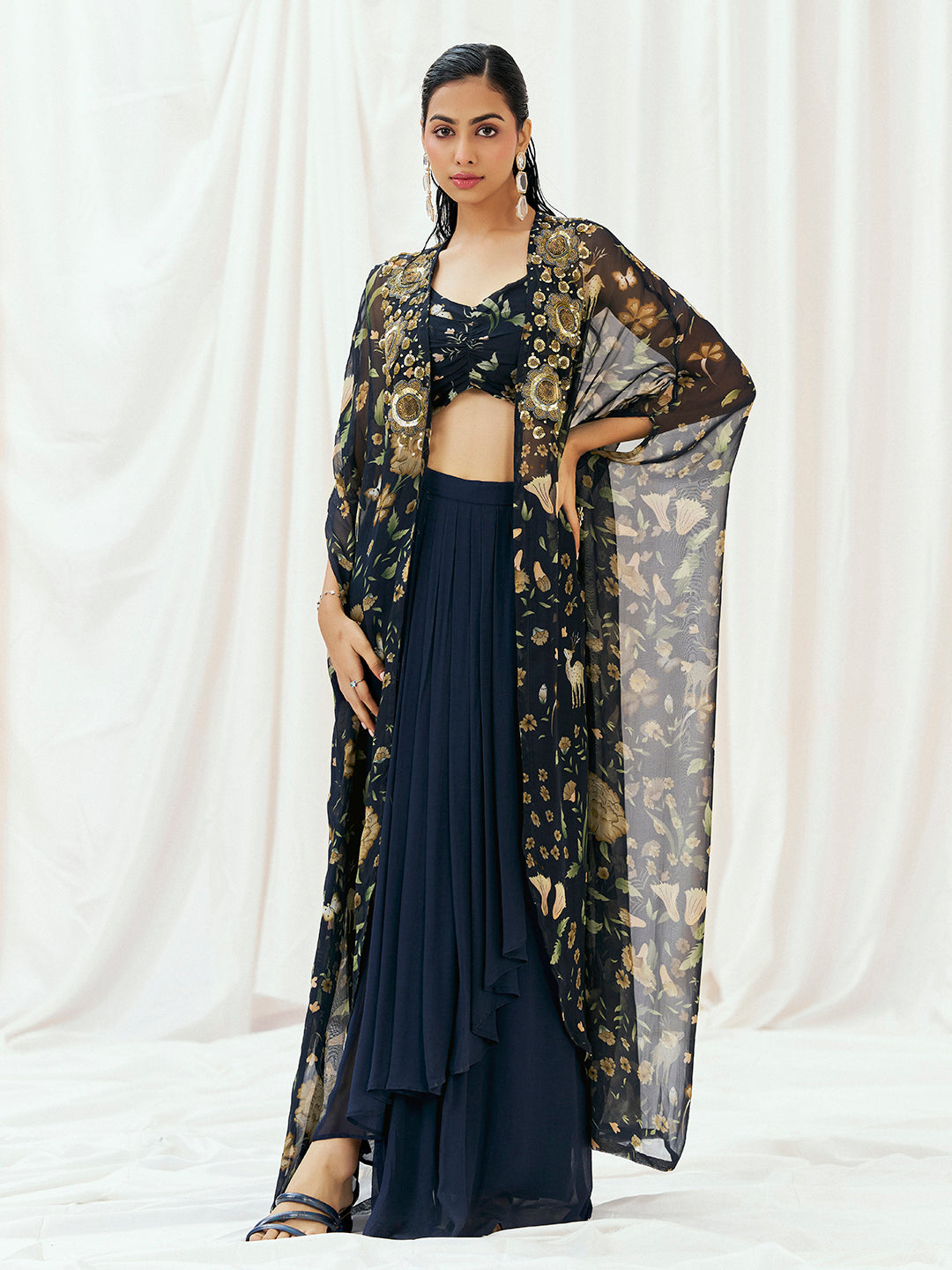Navy Blue Printed Embroidered Drape Skirt Set with Cape image 3