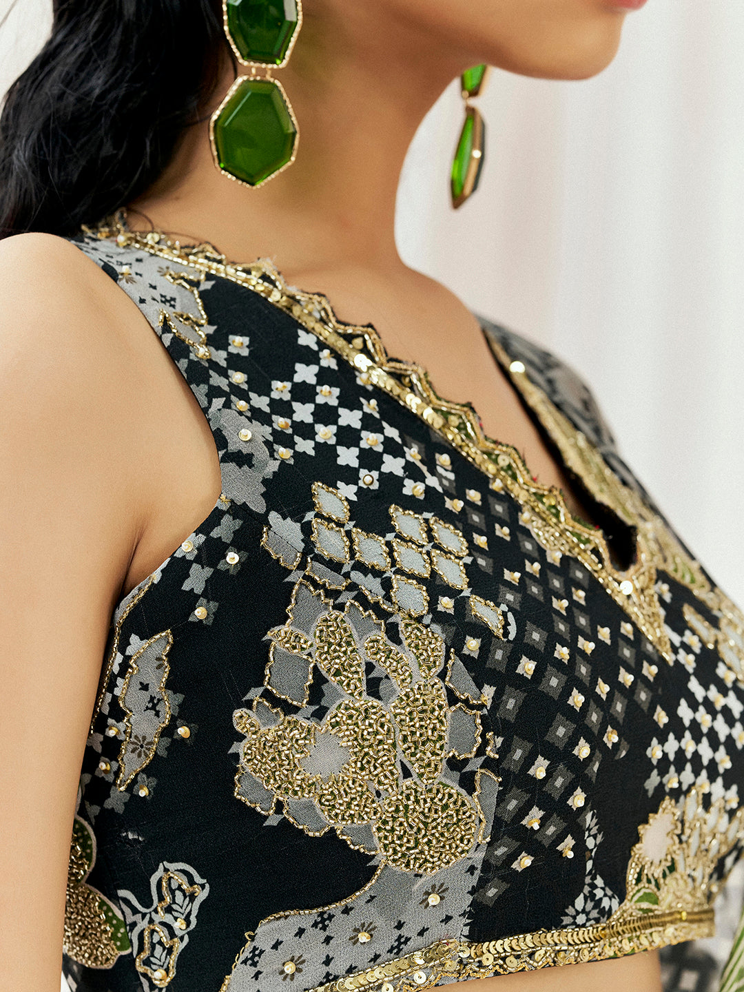 Black Printed Embroidered Drape Saree Set image 4