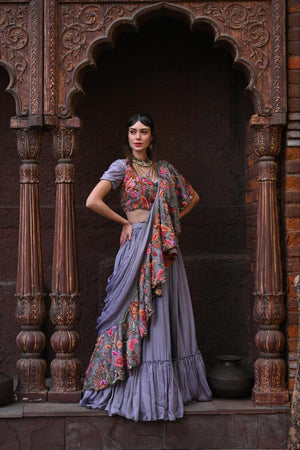Gray Drape Lehenga Set image 2
