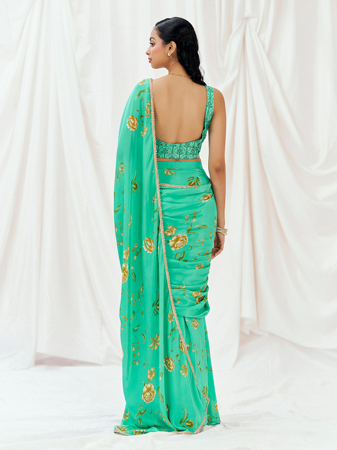 Turquoise Printed Embroidered Drape Saree Set image 3