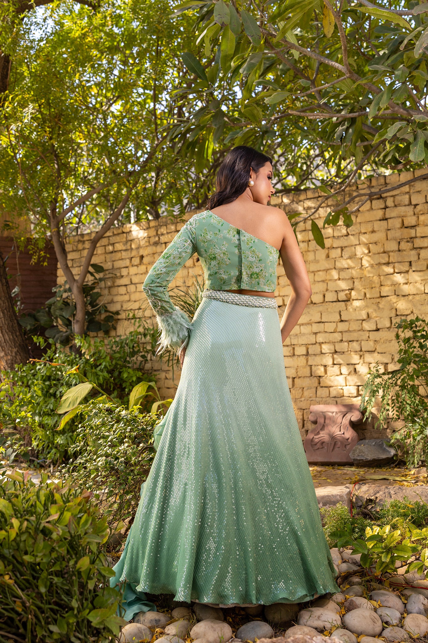 Green Georgette Crepe Embellished Lehenga Set image 3
