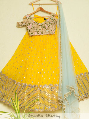 Pineapple Yellow Lehenga and Oyster Floral Blouse Set - XL image