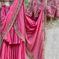 Pink Ruffled Embroidered Pre-stitched Saree Set image 0