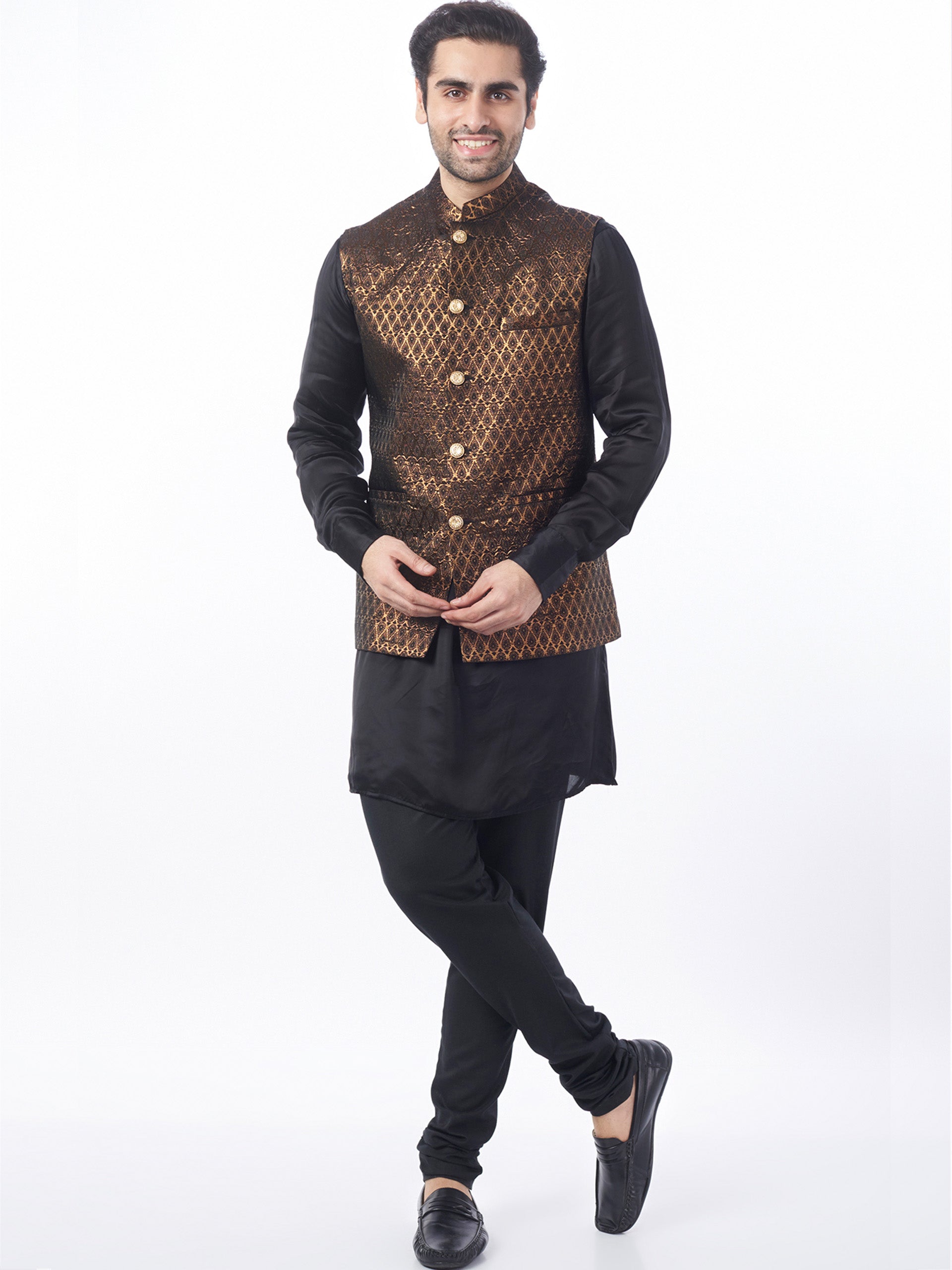 Black Gold Brocade Bundi Jacket Set - XL image