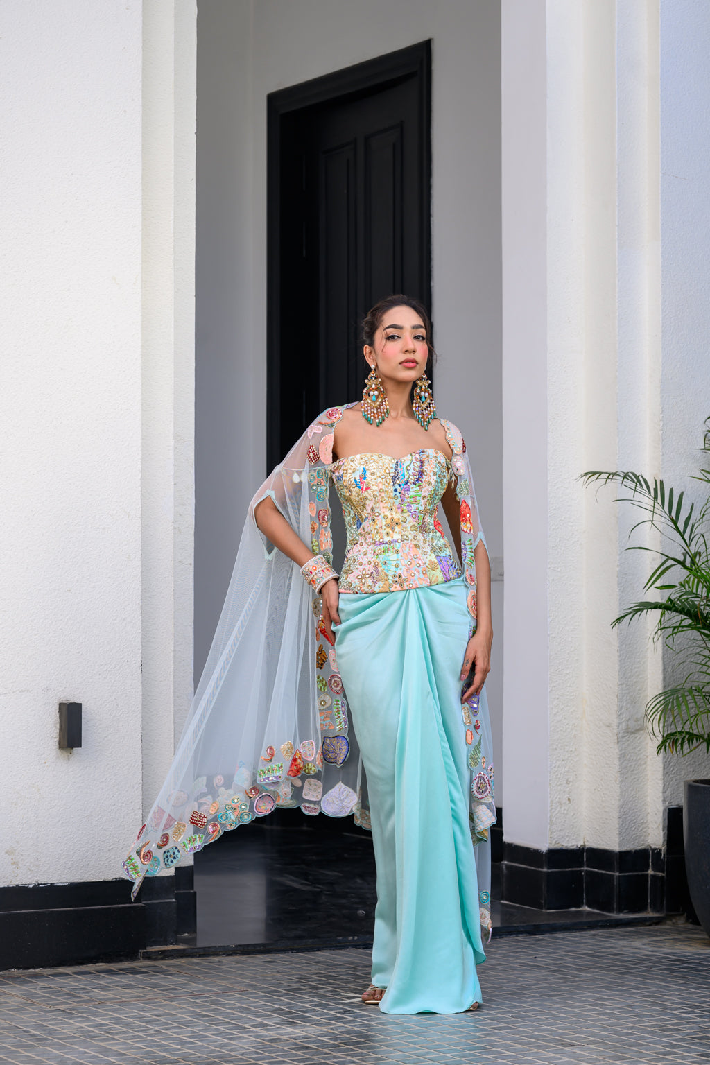 Gardenia Highlighted Corset With Dhoti Skirt And Cape image 7