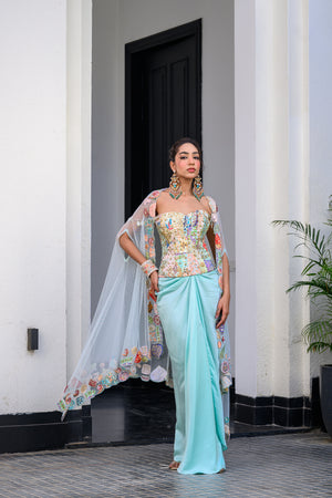 Gardenia Highlighted Corset With Dhoti Skirt And Cape image 7