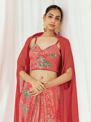 Red Printed Embroidered Drape Skirt Set with Cape image 4