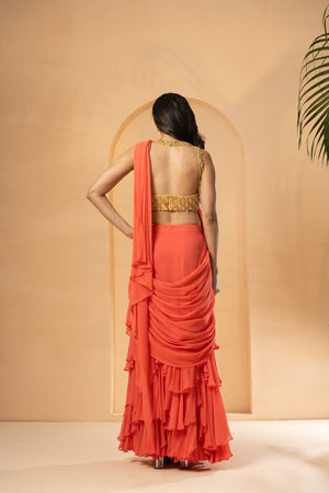 Peach Ruffle Embellished Saree image 1