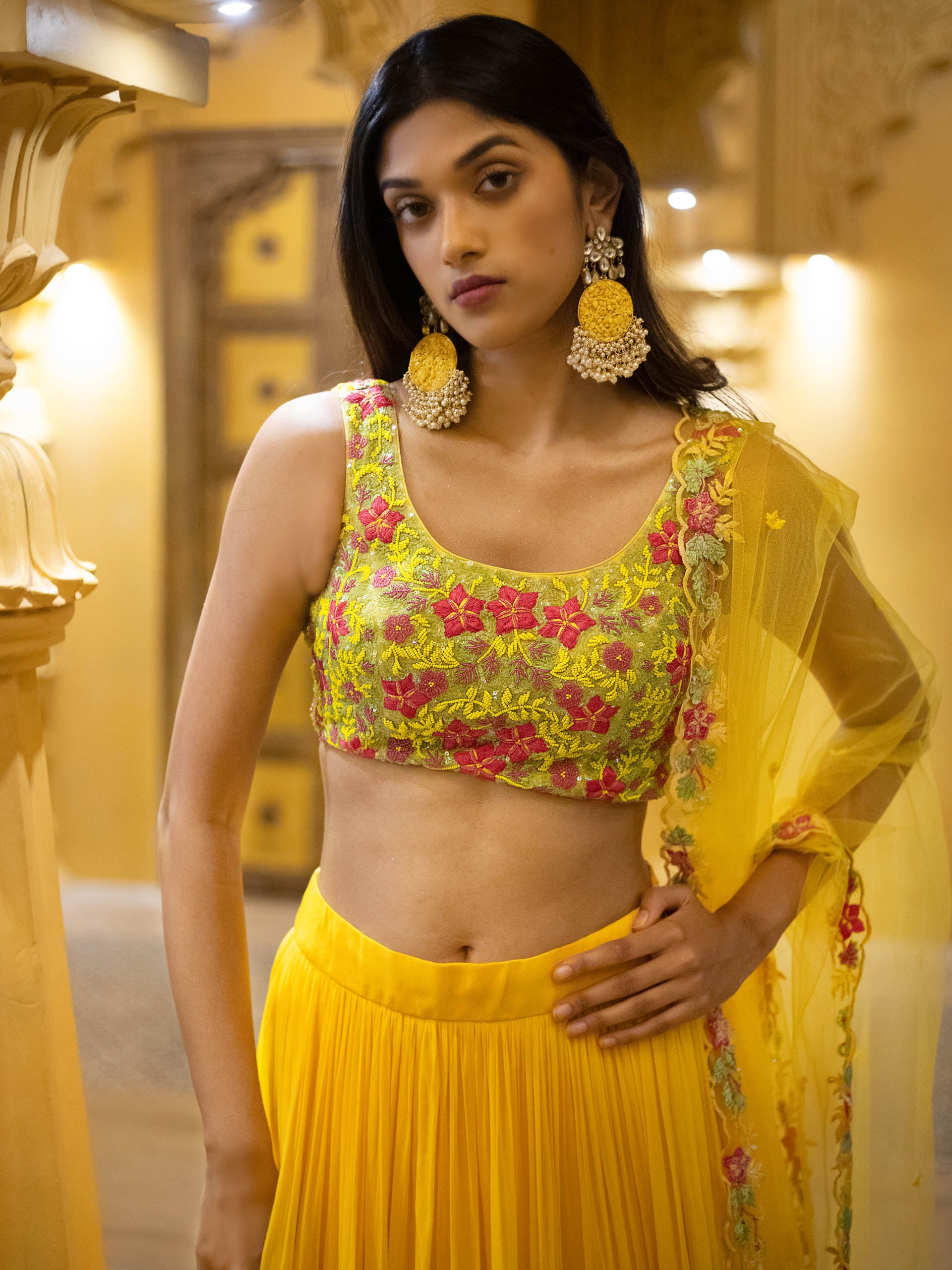Yellow Floral Embroidered Lehenga Set image 4