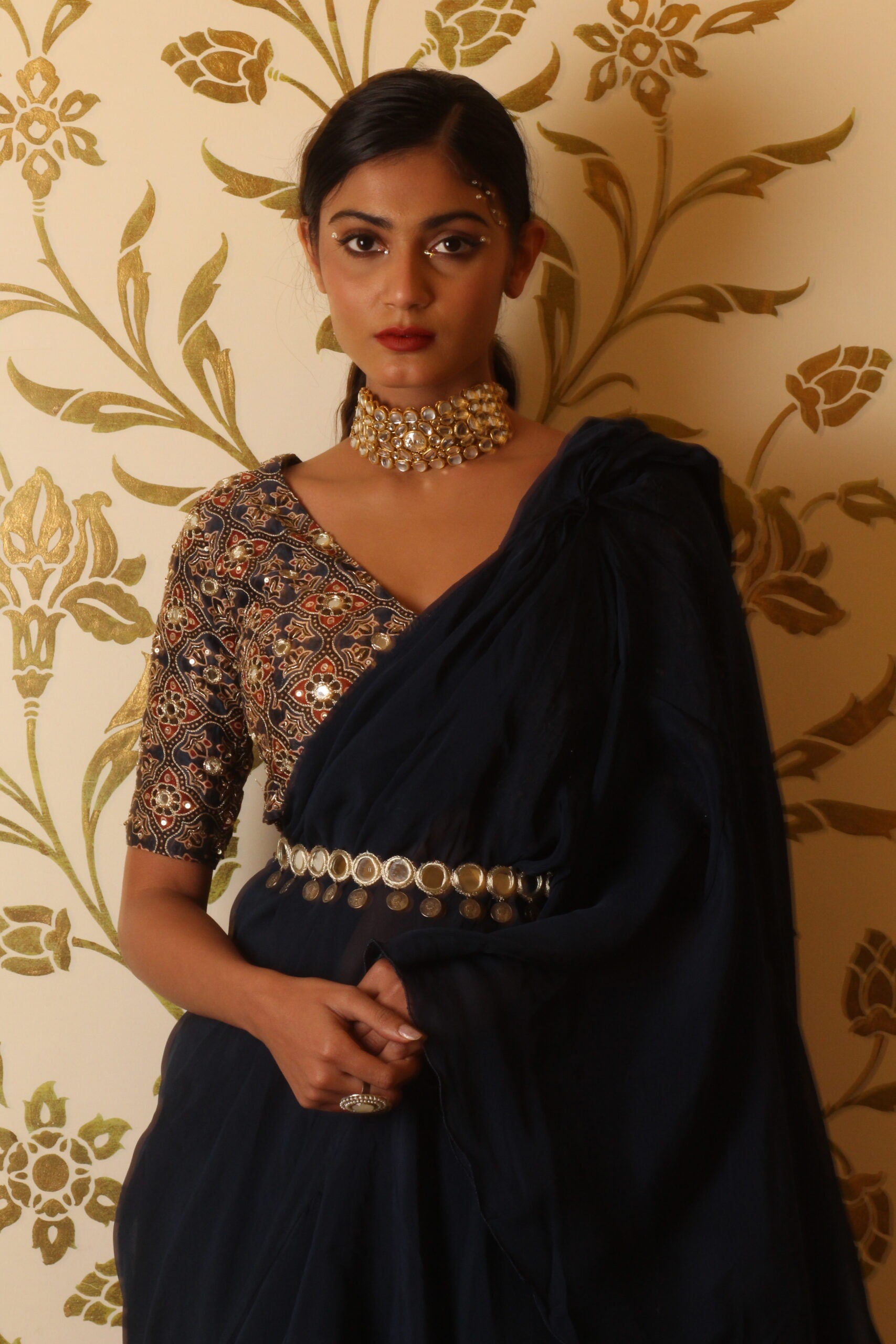 Prussian Blue Organza Ruffle Saree Set image 4